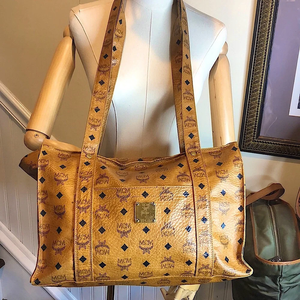 MCM Cognac Visetos Top Zipper Shoulder Briefcase Work Bag Authentic EUC
